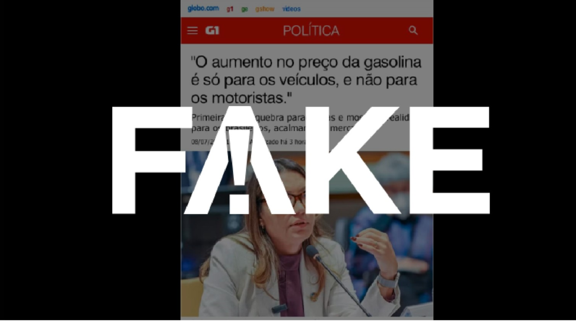 É #FAKE que Janja afirmou que o aumento da gasolina é apenas para veículos