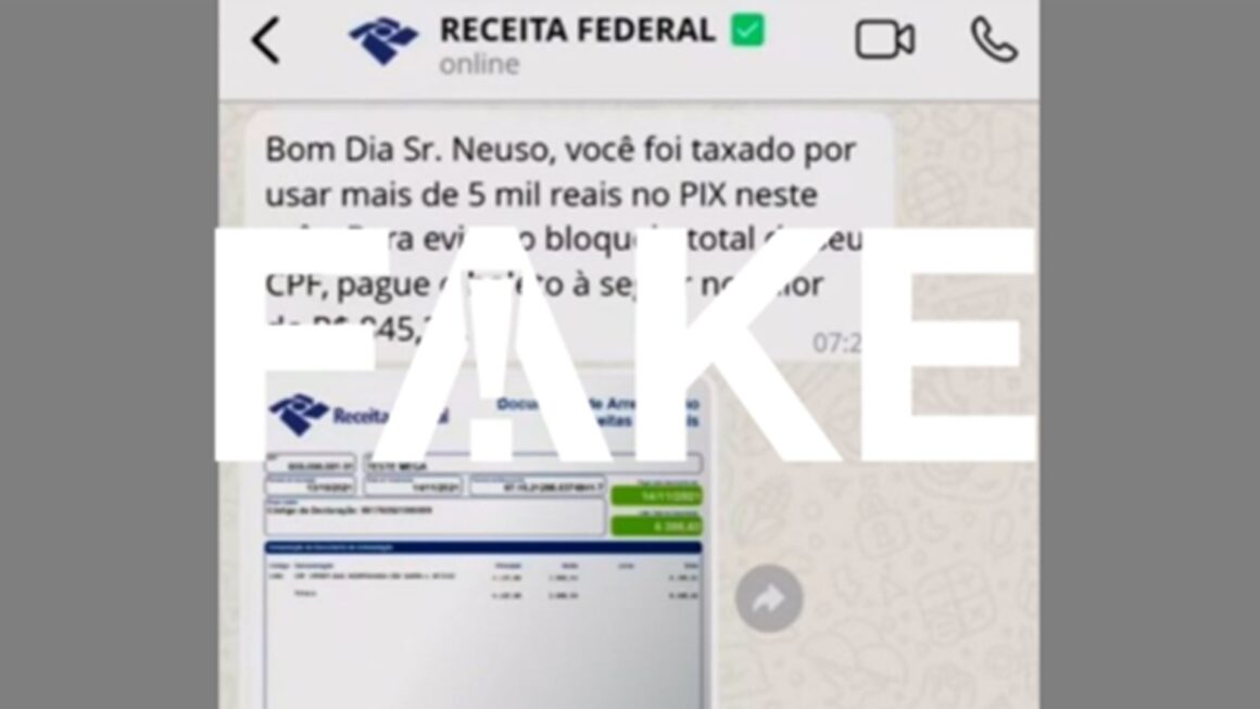 É #FAKE que a Receita Federal esteja cobrando imposto do PIX para quem recebe mais de R$ 5 mil; golpe envia boleto falso a vítimas